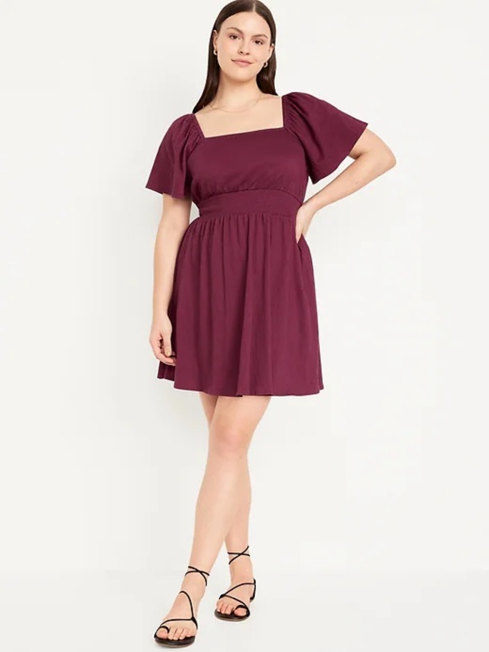 Old Navy Waist Defined Flutter-sleeve Square Neck Mini Dress, Plum Purple, Sz L